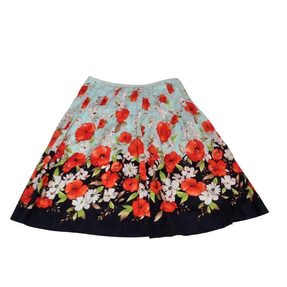 Talbots Petites Floral A-Line Skirt‎ Blue Red Poppy Cotton Lined Size 10P
